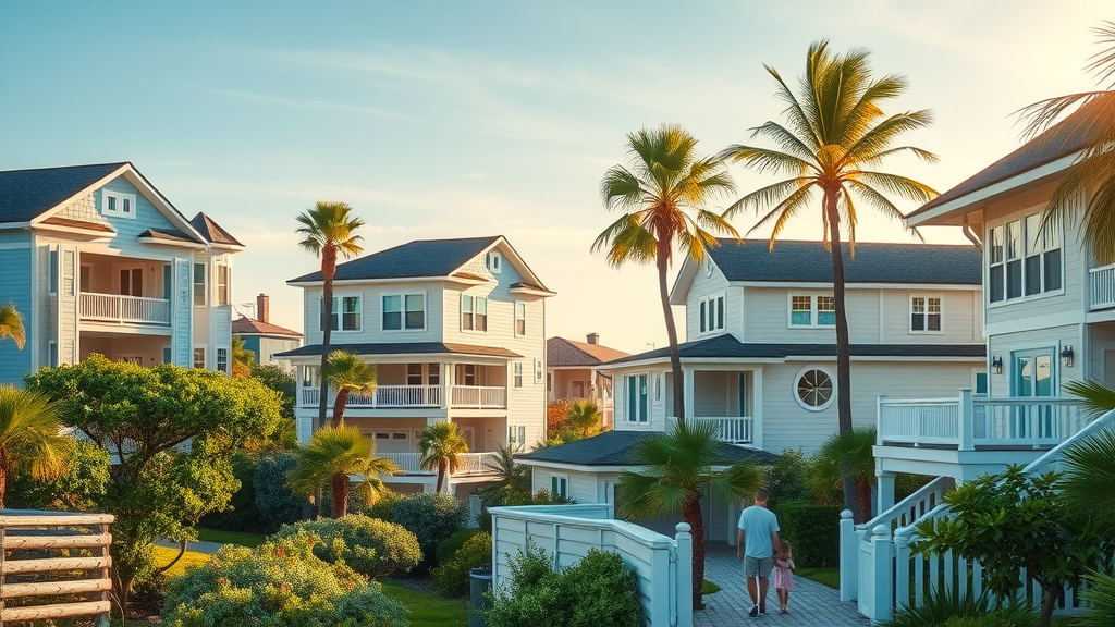 Vibrant coastal Surfside Beach neighborhood well-kept homes with lush greenery, palm trees, and families enjoying outdoors - home maintenance in Surfside Beach SC