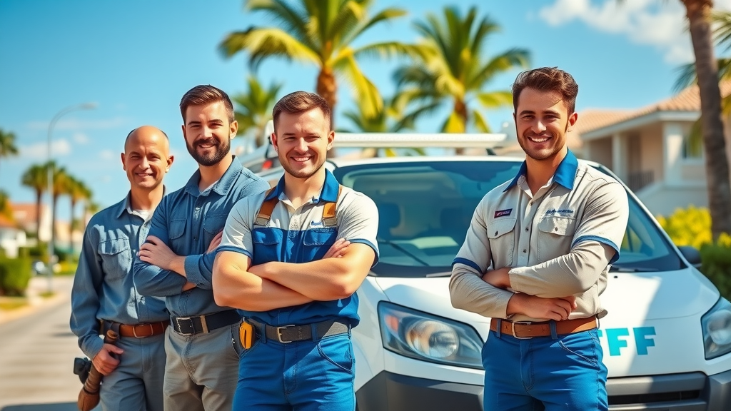 Friendly TFF Handyman Service team with branded van on Surfside Beach palm-lined street - handyman services Surfside Beach SC