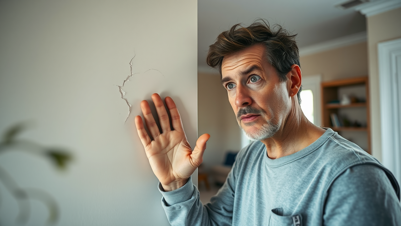 Homeowner examining a cracked drywall in Murrells Inlet SC living room with coastal decor