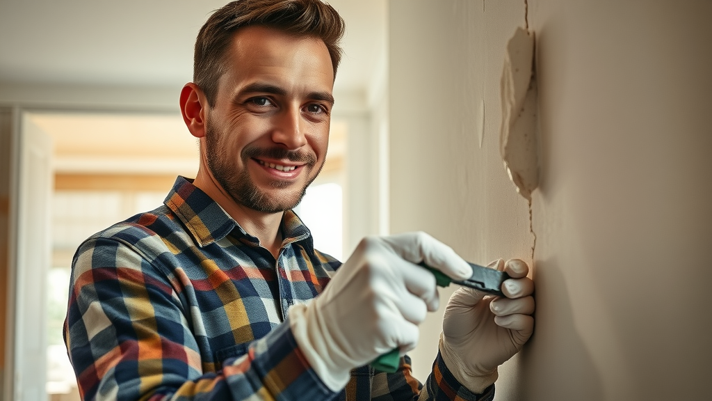 Handyman repairing drywall crack in Murrells Inlet SC home, applying joint compound with precision