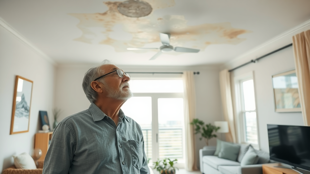 Myrtle Beach neighborhood interior, homeowner observing water stains on a ceiling, ceiling drywall repair in Myrtle Beach