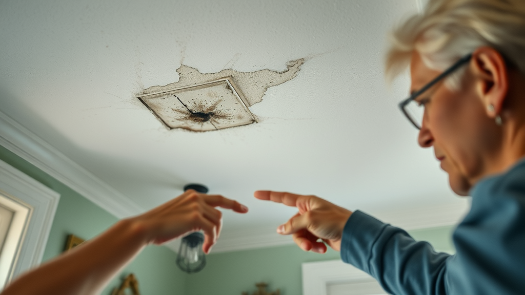 humid Myrtle Beach home ceiling corner with visible water damage and mold, ceiling drywall repair