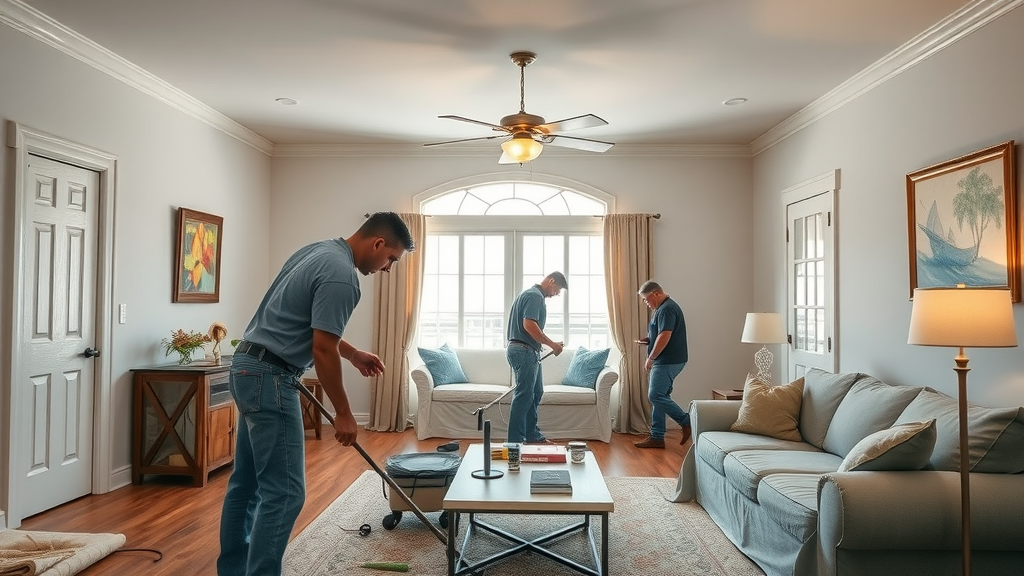 Professional Myrtle Beach repair crew preparing a living room for ceiling drywall repair, covering furniture