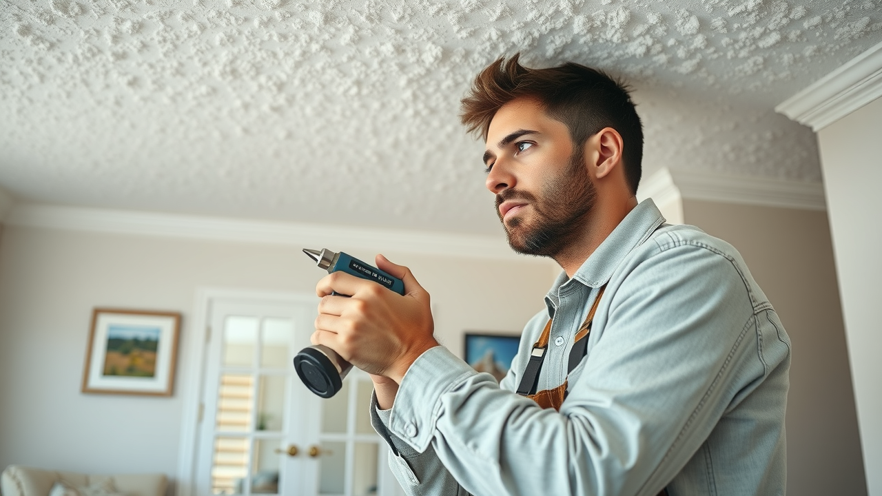 Professional craftsman in Myrtle Beach removing popcorn ceiling texture with specialized tools, ceiling drywall repair