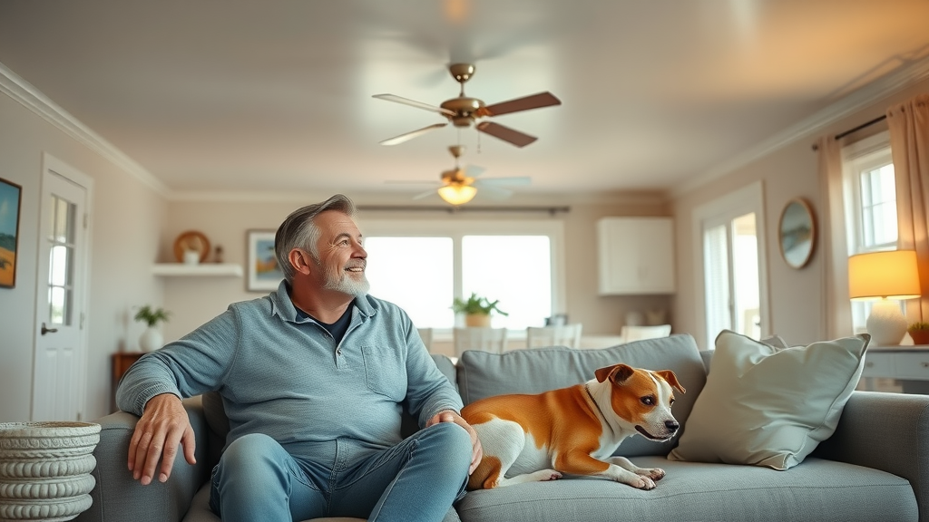 Satisfied Myrtle Beach couple, relaxed and relieved, admiring fully repaired ceiling, ceiling drywall repair