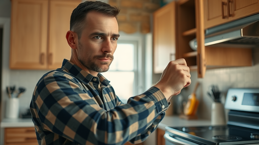 Skillful handyman repairing kitchen cabinet door, general home repair Conway SC, cozy kitchen scene, modern appliances