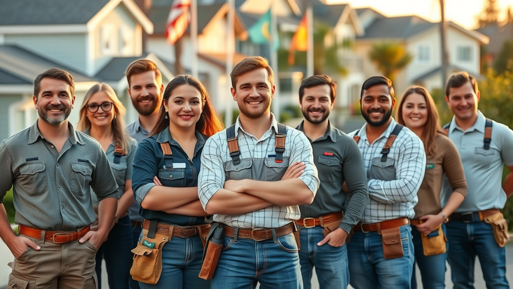 Licensed home repair contractors group, general home repair Conway SC, tool belts, South Carolina neighborhood, golden hour