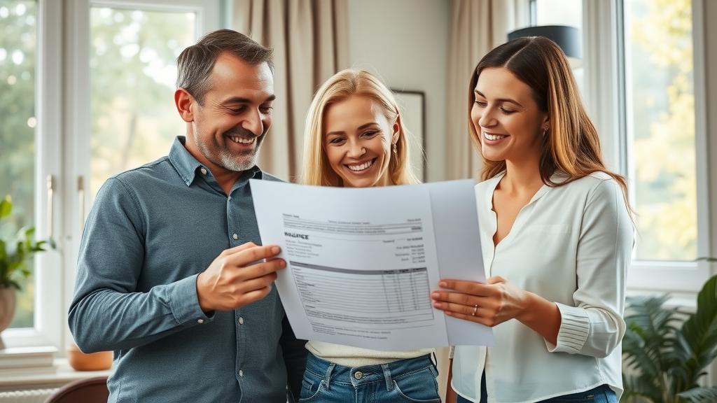 Satisfied homeowner couple reviewing quote with contractor, general home repair Conway SC, paperwork and digital tablet