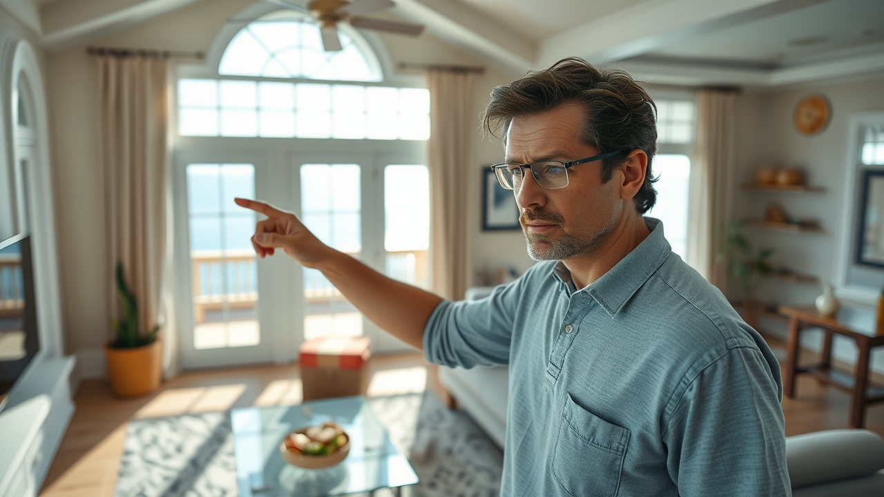 handyman drywall repair in myrtle beach - Water-damaged drywall in a coastal Myrtle Beach home, homeowner inspecting wall with visible stains, daylight streaming through windows