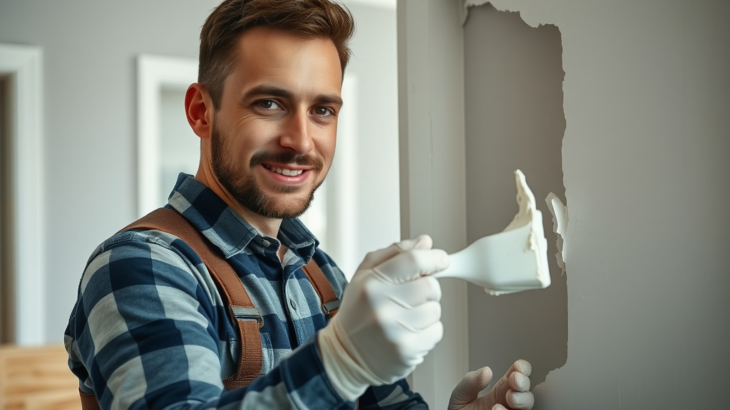 drywall repair in myrtle beach - Professional handyman applying spackle to damaged drywall in modern Myrtle Beach home