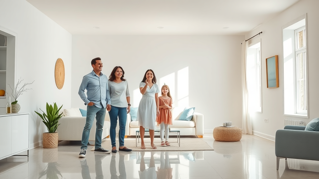 myrtle beach drywall repair - Satisfied family admiring freshly repaired drywall wall in a modern sunlit living room
