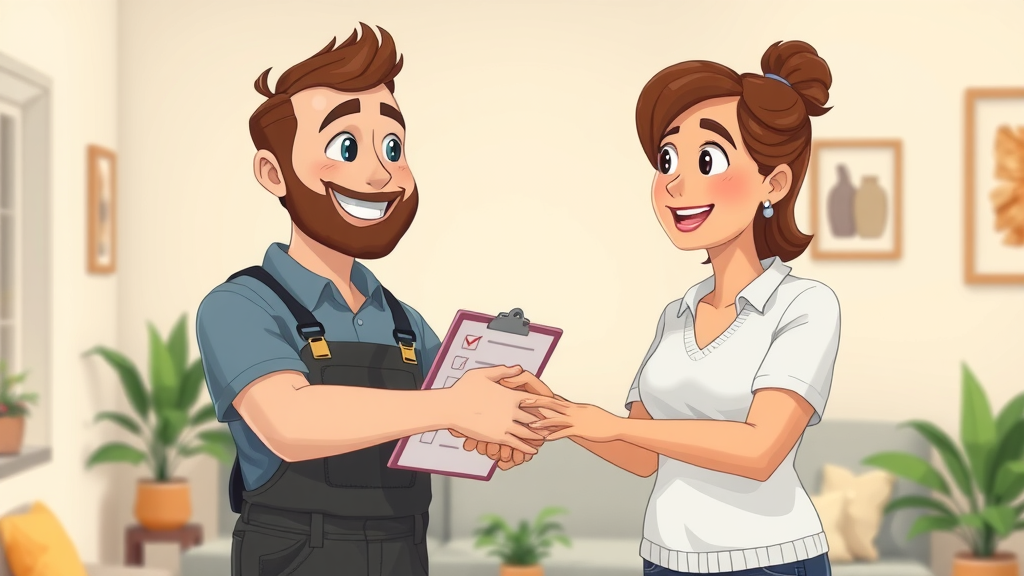handyman drywall repair myrtle beach - Handyman shaking hands with homeowner, checklist, and repaired walls in Myrtle Beach home