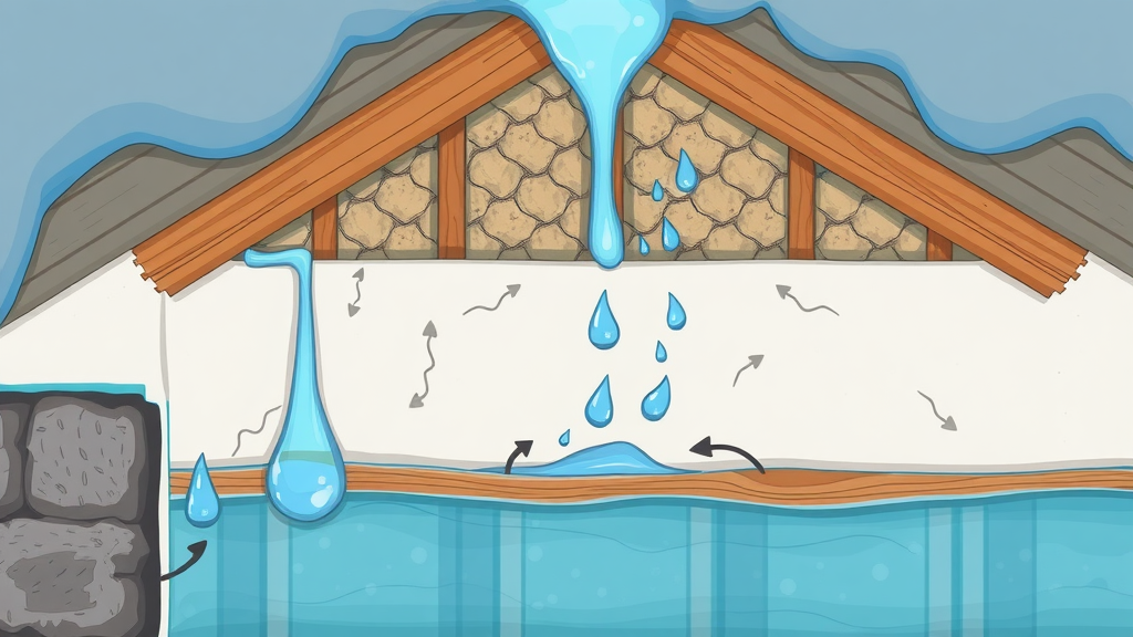 Cross-section diagram showing water leaking from a damaged roof into drywall, with insulation and wooden beams exposed. Illustrates common causes of water damage in drywall in North Myrtle Beach SC.