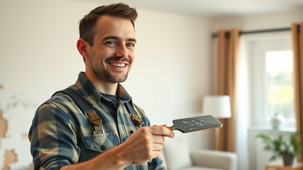 Professional handyman in uniform applying joint compound to repaired drywall section in North Myrtle Beach home, demonstrating expert drywall service and repair quality.