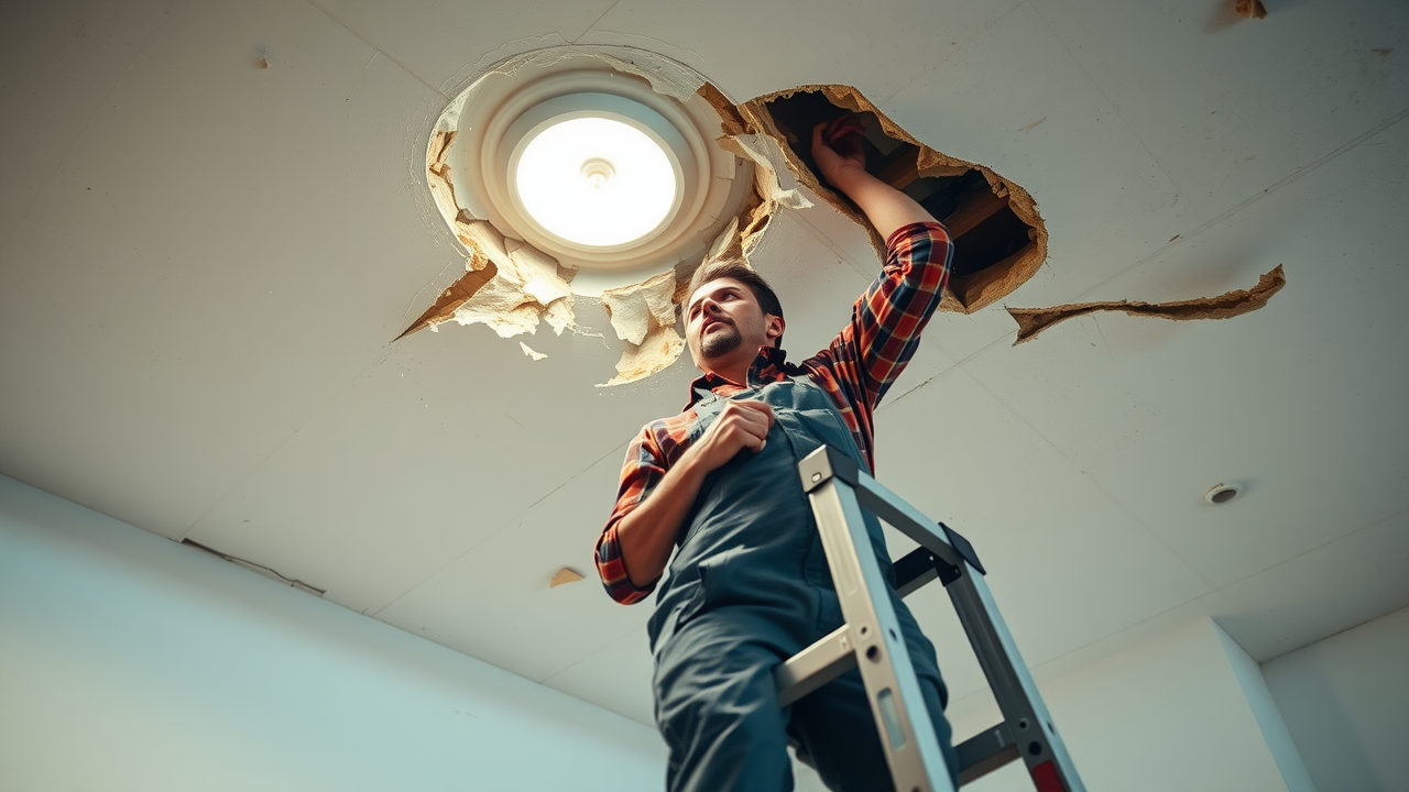 Repair technician safely performing ceiling drywall repair after water damage, using ladder and professional tools in a North Myrtle Beach SC home. Insulation and debris visible, demonstrating complexities of ceiling repairs.