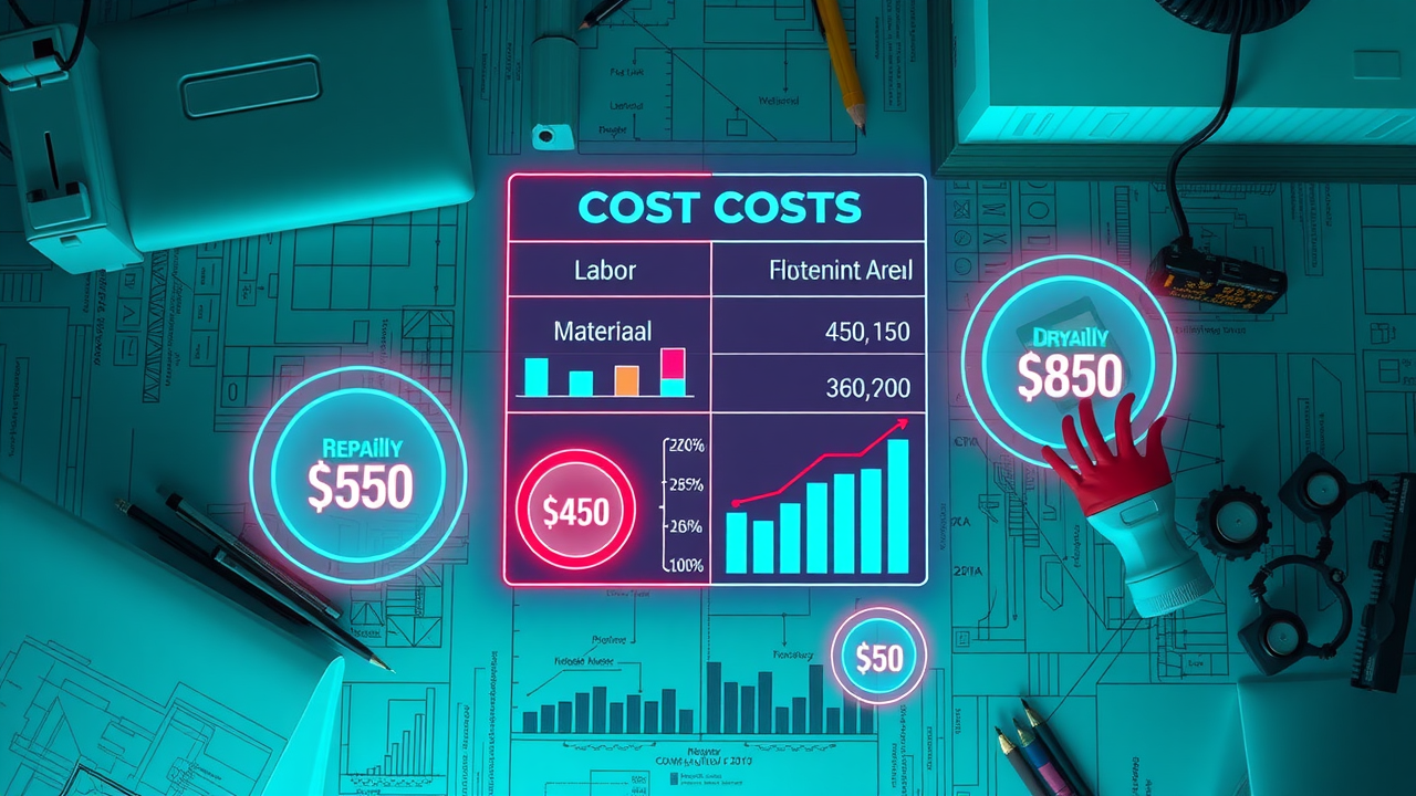 Infographic comparing drywall repair costs and price factors like labor, materials, and repair area for water damage drywall fix in North Myrtle Beach SC.