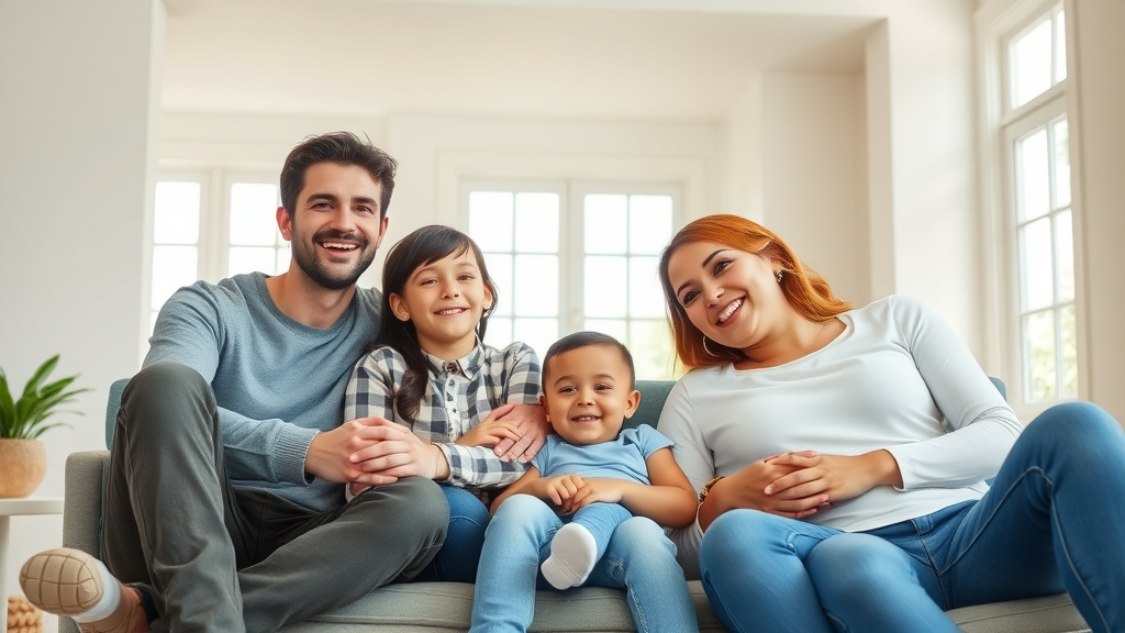Happy family relaxing in newly repaired living room, showcasing quality water damage drywall repair in North Myrtle Beach SC for restored comfort and safety.