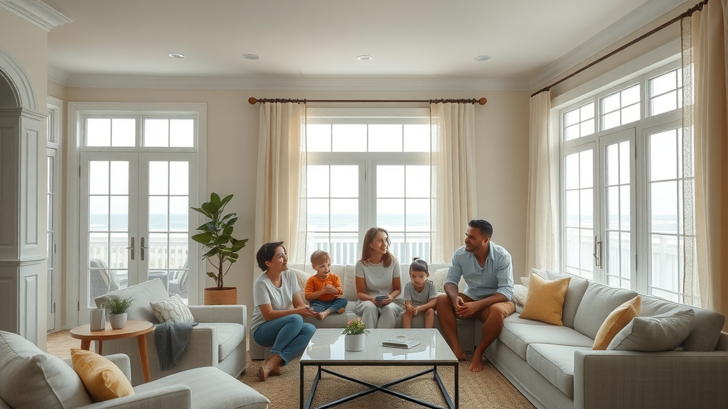 Interior wall repair in Myrtle Beach living room with family admiring fresh walls and Myrtle Beach scenery