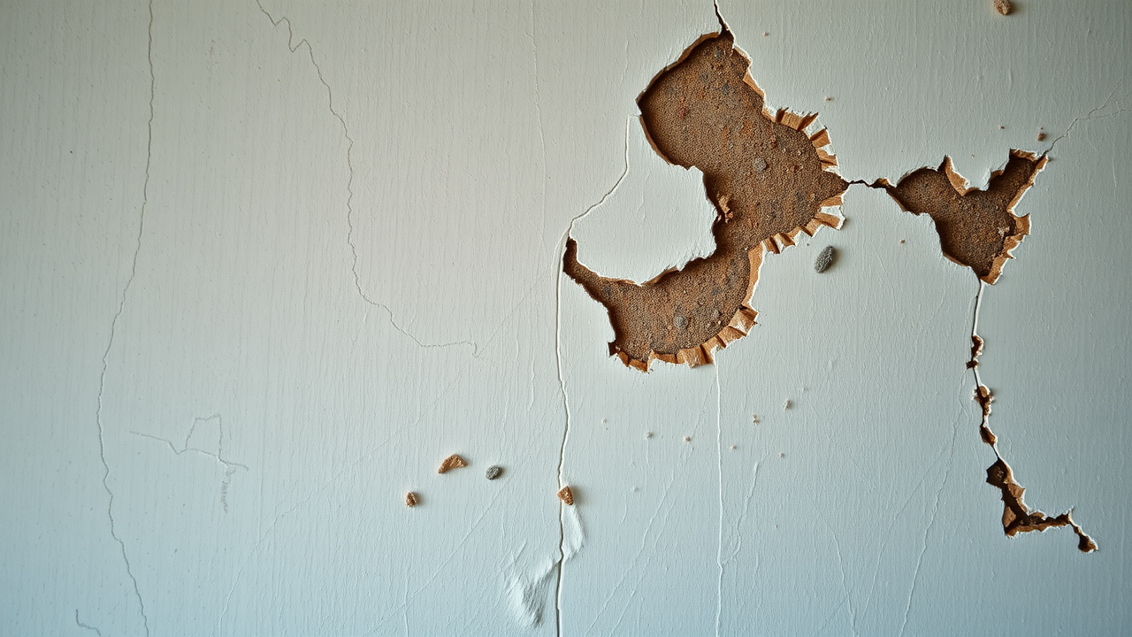 Moisture-damaged interior drywall with cracks and water stains seen in Myrtle Beach home