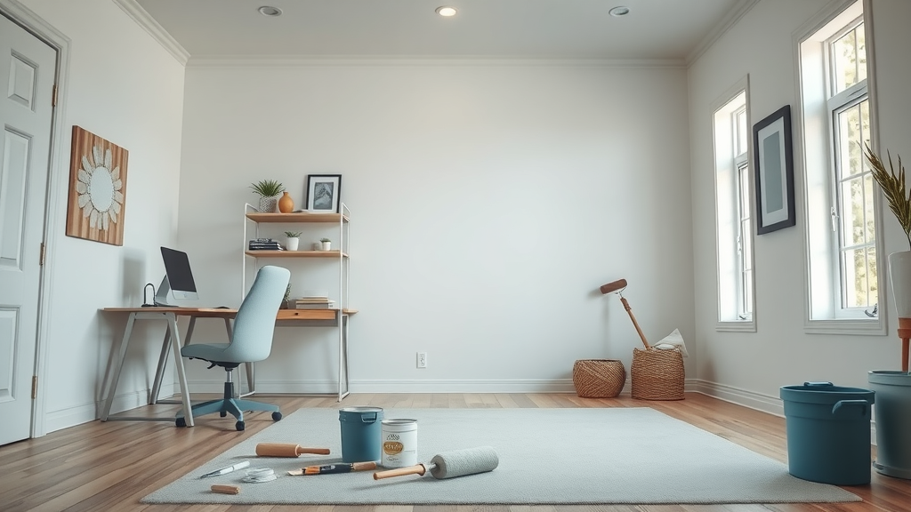 Newly repaired wall and paint supplies in Myrtle Beach home office with coastal decor