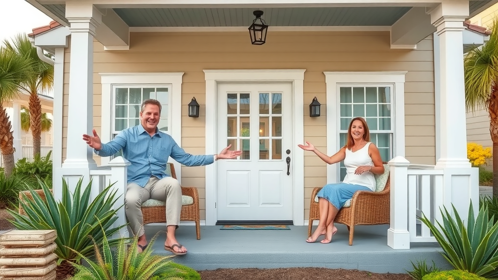 Inviting coastal-style Surfside Beach home exterior with cheerful residents showing off a freshly upgraded front porch with palm trees and beachside landscaping. small remodeling projects in surfside beach sc