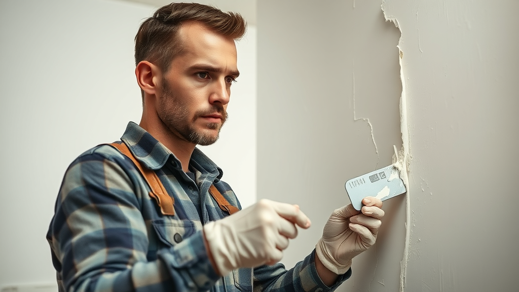 skilled technician patching drywall in surfside beach sc, drywall repair process, trowel and joint compound, home workshop scene