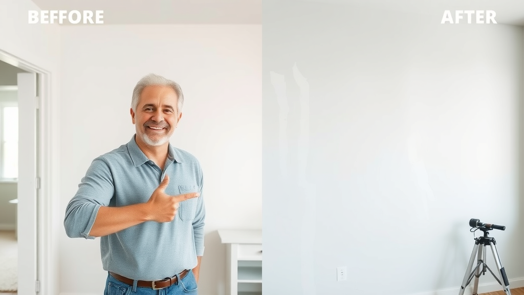 split-panel image showing before and after drywall repair, surfside beach sc, satisfied homeowner pointing to flawless wall, happiness and relief