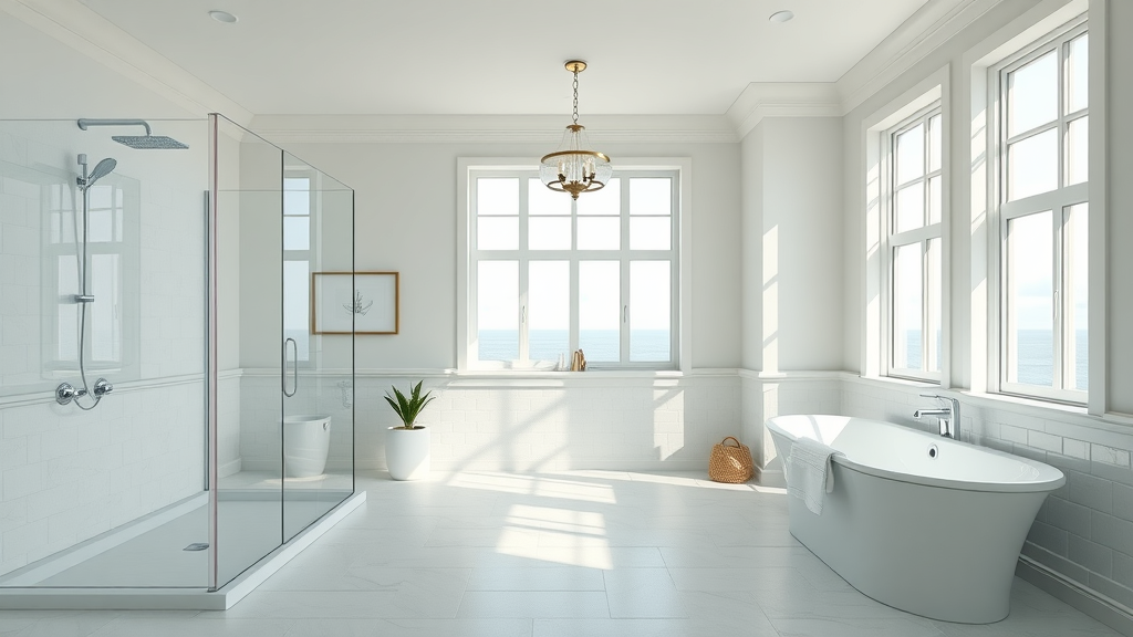 modern spacious bathroom interior Surfside Beach SC with walk in shower and freestanding tub coastal inspired