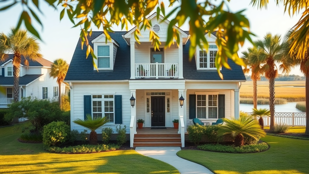 Elegant coastal home exterior well-maintained and inviting Pawleys Island home maintenance neighborhood landscape sunlit, palm trees, marshland