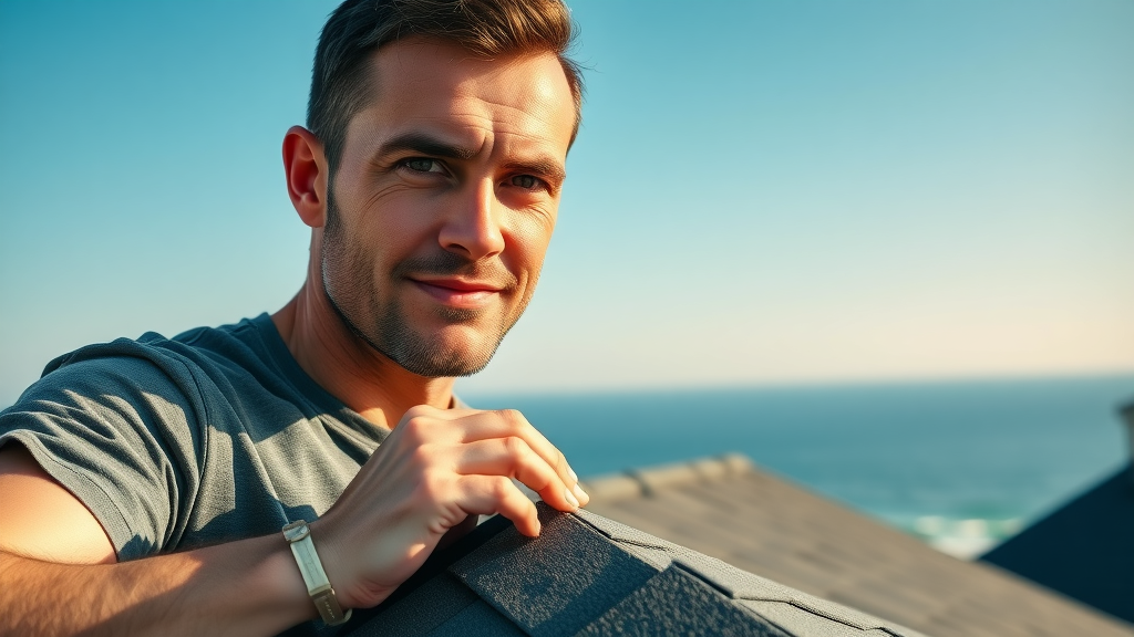 Close-up skilled Pawleys Island handyman fixing roof shingle coastal home maintenance blue sky ocean detailed repair