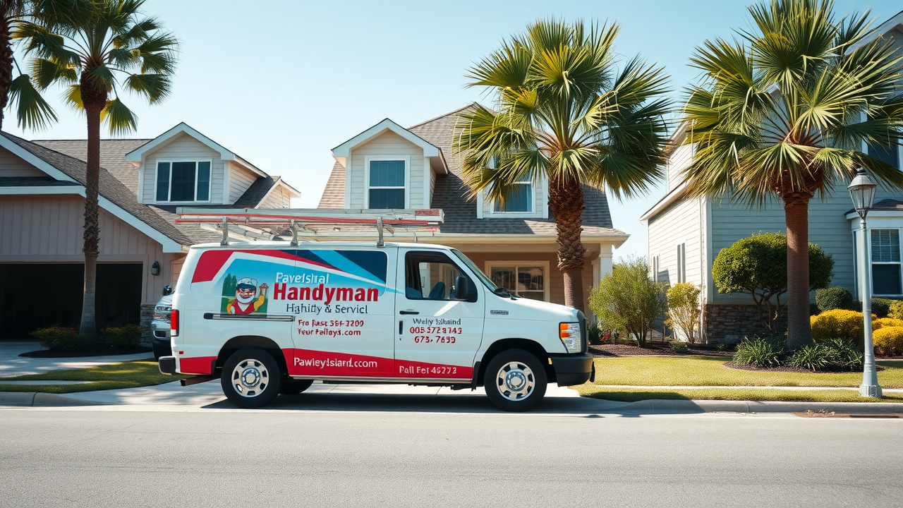 Professional Pawleys Island handyman vehicle branded parked outside home, ready service coastal neighborhood palm trees