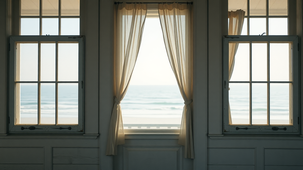 Surfside Beach coastal home with visibly old, drafty windows, exterior view, subtle ocean in background, window repair and replacement in surfside beach sc, natural daylight.