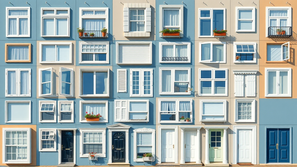 Various types of windows and doors, window repair and replacement in Surfside Beach SC, arranged for comparison in a modern setting.