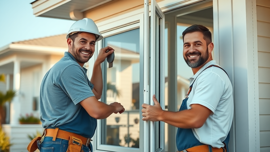 Professional window installers working on a Surfside Beach home, window repair and replacement in Surfside Beach SC, installation in progress.