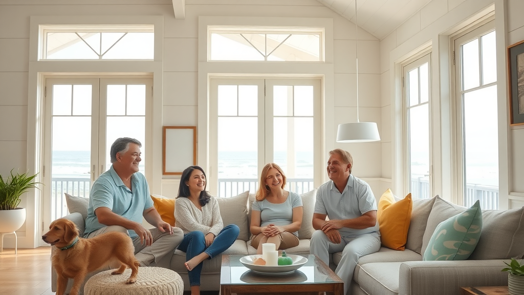 Surfside Beach living room with modern energy-efficient windows, comfortable and sunny family scene, window repair and replacement in Surfside Beach SC.