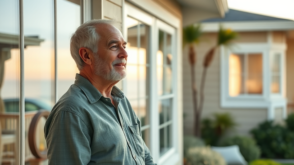 Hopeful Surfside Beach homeowner admiring beautiful new windows after replacement, window repair and replacement in Surfside Beach SC.