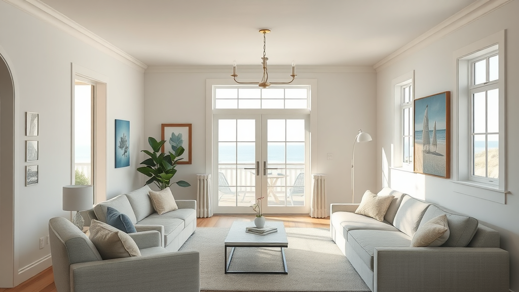 drywall repair in Surfside Beach SC - bright coastal living room with pristine drywall surfaces, slight wear from humidity in a sunny Surfside Beach home
