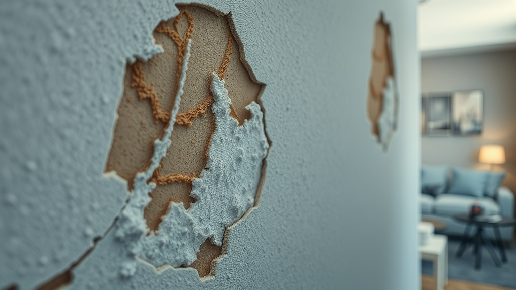 drywall repair in Surfside Beach SC - closeup of drywall cross-section with water damage texture and nearby repair tools - coastal home