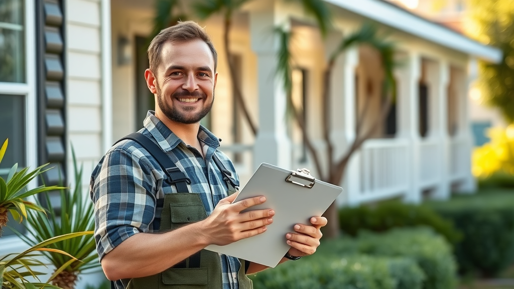 welcoming handyman inspecting home exterior in Murrells Inlet neighborhood, murrells inlet handyman, friendly, professional, photorealistic