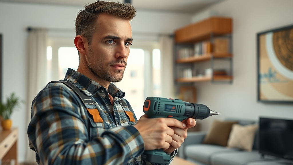 skilled handyman installing shelving in modern Murrells Inlet living room, murrells inlet handyman, professional, photorealistic interior