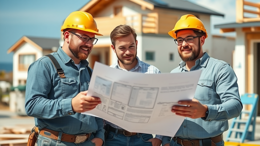 professional Murrells Inlet handyman team reviewing blueprints, coastal background, teamwork, murrells inlet handyman, photorealistic