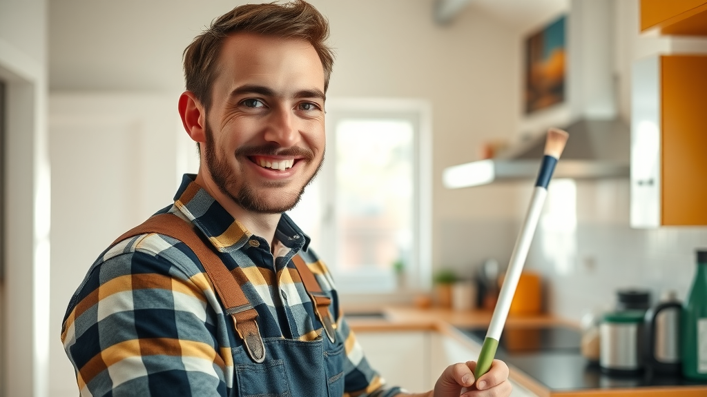 friendly Murrells Inlet handyman painting a kitchen wall, popular handyman service, photorealistic, bright modern kitchen