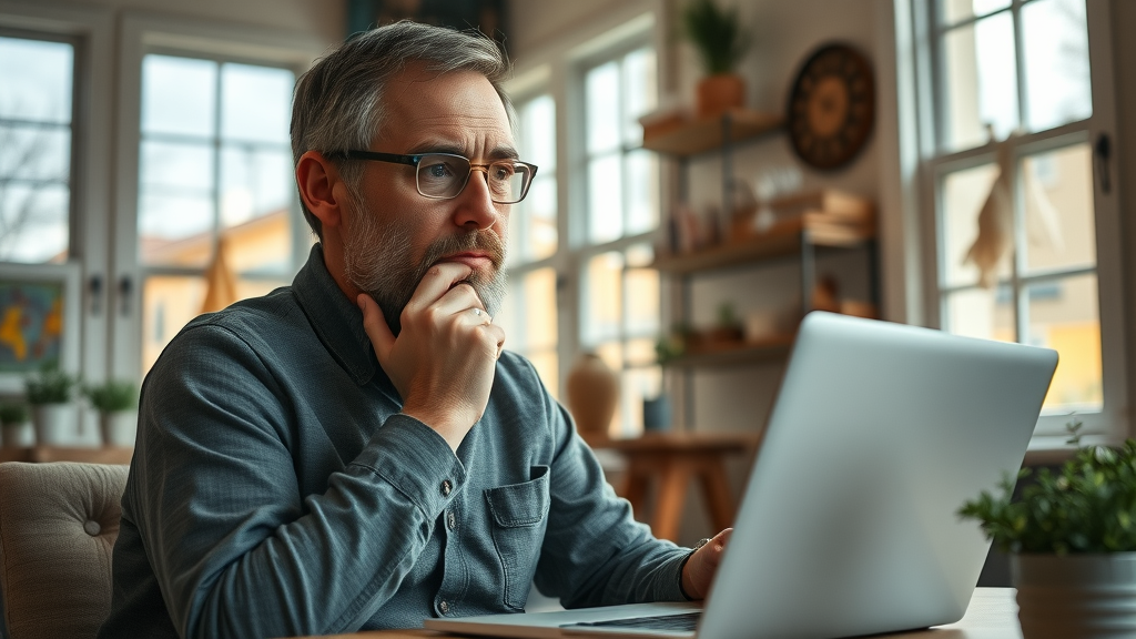 thoughtful Murrells Inlet homeowner comparing handyman services online, cozy home office, murrells inlet handyman, photorealistic