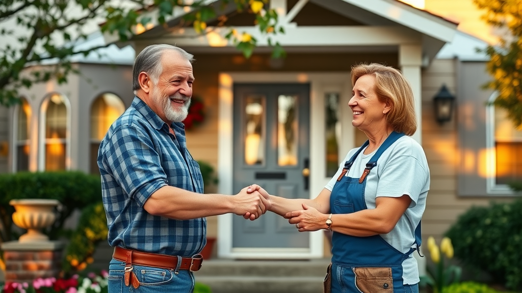 satisfied Murrells Inlet homeowner shaking hands with handyman at repaired entrance, successful home repair, murrells inlet handyman, photorealistic