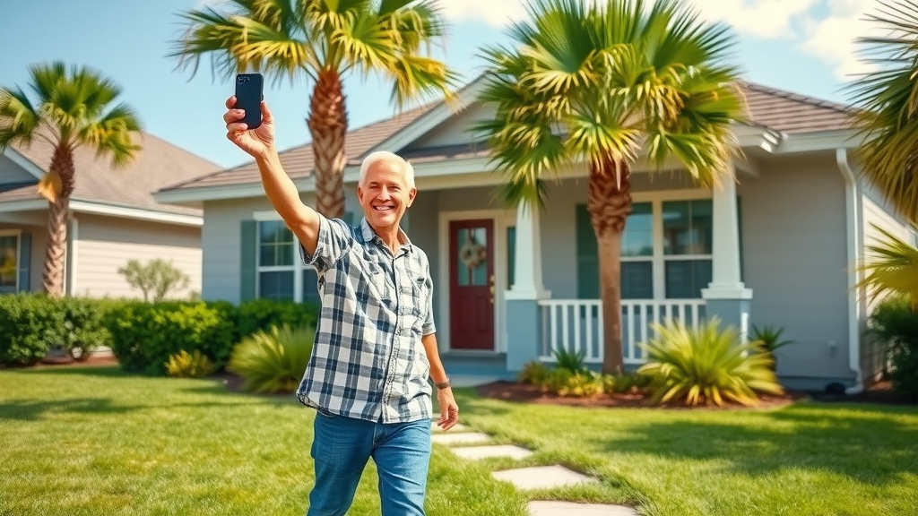 Myrtle Beach house repair services in a welcoming suburban neighborhood with homeowner inspecting newly renovated exterior, lush green lawns, palm trees, and gentle ocean breeze