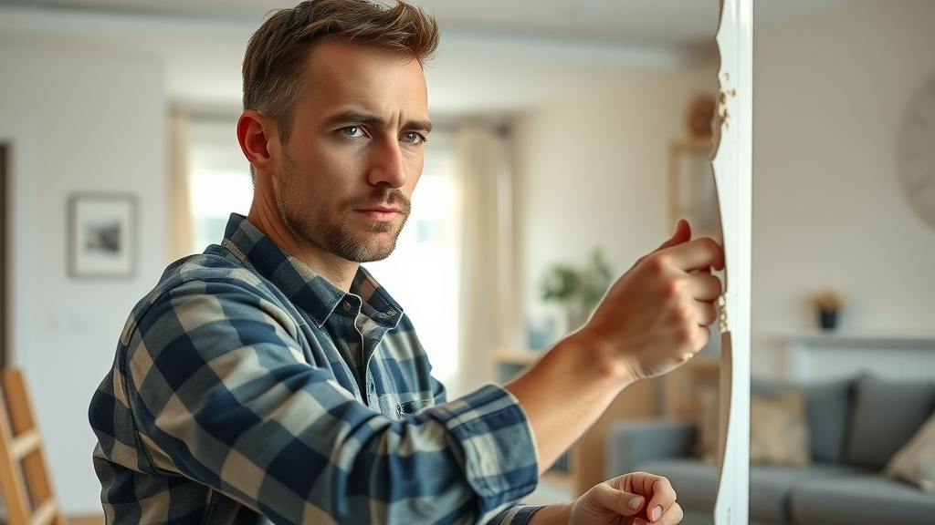 Myrtle Beach handyman service professional performing drywall repair in a clean, well-lit living room with repair tools and attention to detail