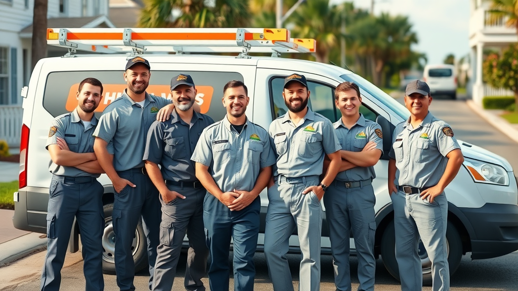 Reliable Myrtle Beach house repair team posing in uniforms beside branded work van on a residential street