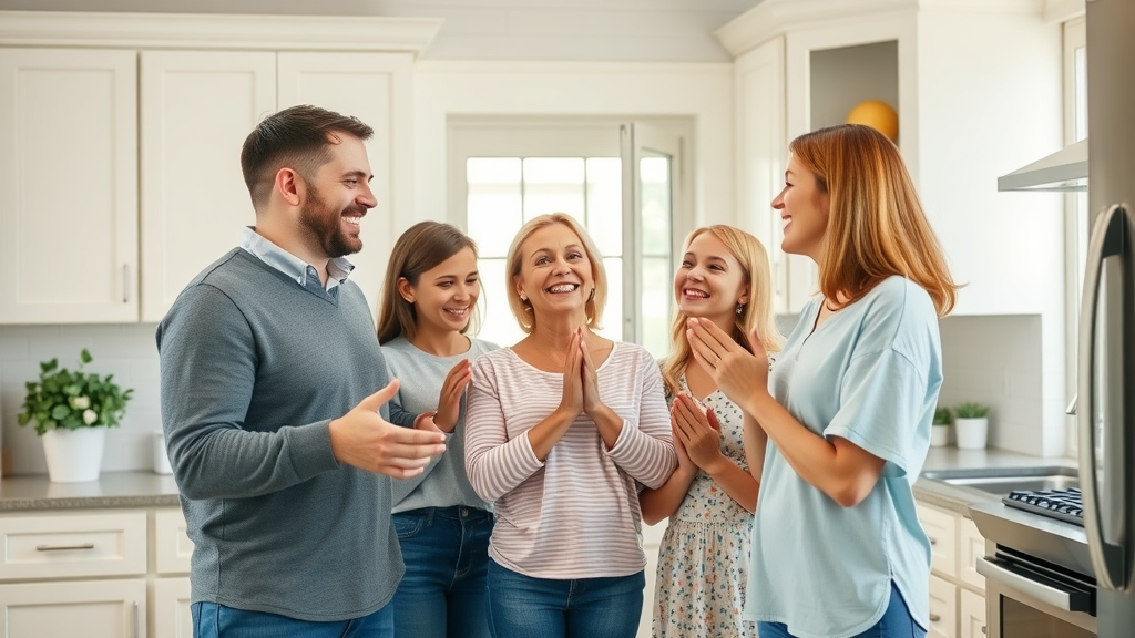 Happy Myrtle Beach family expressing gratitude with repair professional in a brightly renovated kitchen full of natural light