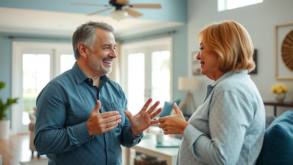 Friendly repair service professional advising homeowner in a sunlit Myrtle Beach living room with decor details