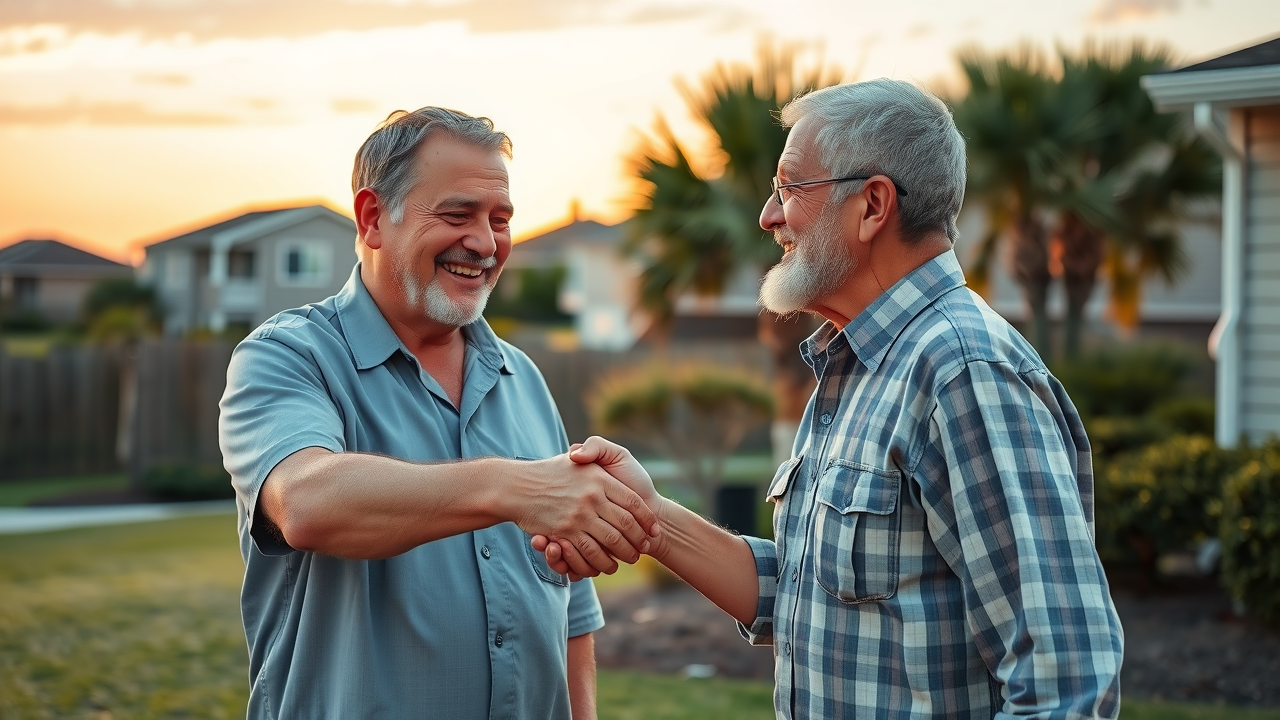 Trustworthy house repair technician shaking hands with grateful Myrtle Beach homeowner, well-kept landscape in the background at sunset